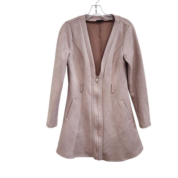Privy Faux Suede Jacket Dress Rose Beige Deep V-Neck With Pockets Size Large - Picture 1 of 9